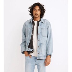 Madewell Men's Denim Barn Chore Jacket in Seaford Wash Snap Button Collared SEE